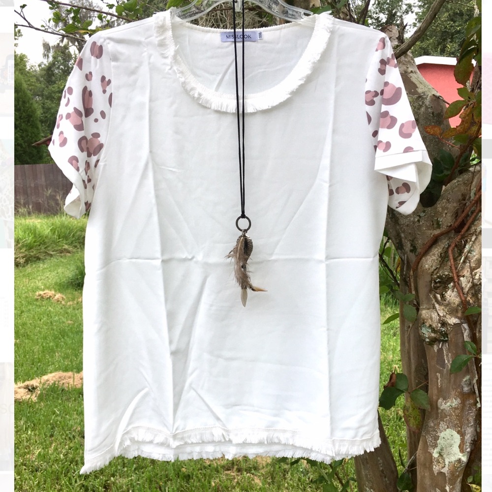 Plus Size Fringe Short Sleeve Leopard Tunic Blouse, 3XL